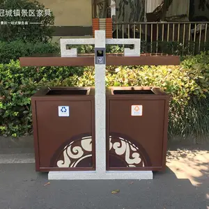 城市户外家具 中国风双桶钢木垃圾桶 景区公园垃圾桶定制
