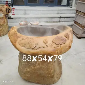 原石复古做旧洗手盆花园砚石立柱整体洗脸盆户外水槽石雕艺术盆
