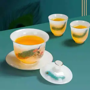 泡茶茶具套装 手绘孔雀现代礼品陶瓷茶具 泡茶盖碗茶杯组合礼盒装
