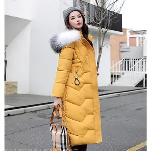 中长款女式棉衣2021 棉服外套批发货源 韩版显瘦棉服女连帽宽松毛领冬装棉袄外套