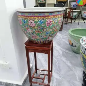 景德镇手绘粉彩陶瓷缸批发 荷花金鱼缸 书法画收纳缸厂