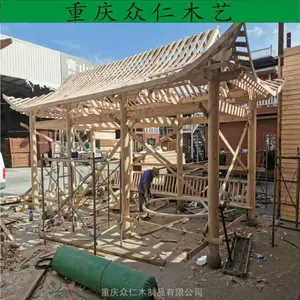 宜宾樟子松仿古琉璃瓦长廊 实木仿古亭子游廊 芬兰木烟雨长廊施工安装 众仁木艺