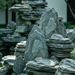 千层石假山水景水系人工湖施工自然石驳岸景观施工