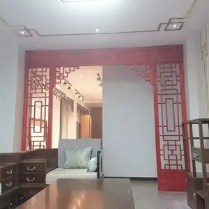 中式固定山水画玄关_实木花格玄关_月洞门花格茶室书房玄关