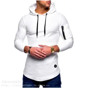 外贸wish纯色休闲连帽男士T恤衫长袖欧美修身时尚男青年拼接上衣