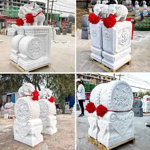石雕门墩现货汉白玉小象抱鼓石一对青石别墅门口花开富贵石鼓