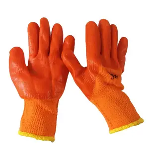 毛圈橘红PVC挂胶手套劳保防护防寒保暖防滑耐磨防水耐油耐脏户外作业工地车间工人穿戴