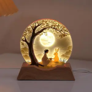月球水晶小夜灯发光摆件创意兔子灯卧室桌面装饰品氛围灯节日礼物