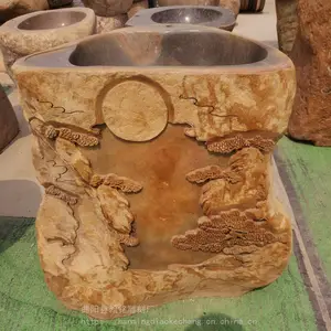 原石复古做旧洗手盆花园砚石立柱整体洗脸盆户外