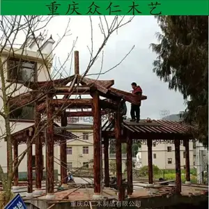 荣昌景区景观长廊 芬兰木茅草长廊 防腐木传统木结构长廊施工安装 众仁木艺
