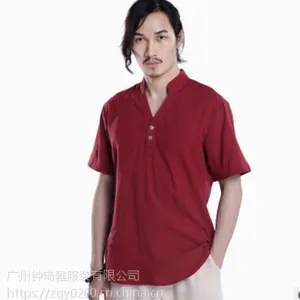 宸贤夏季中国风男装民族亚麻短袖t恤 男式V领改良唐装