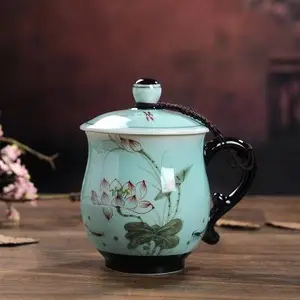 陶瓷青花茶杯带盖带过滤老板办公室水杯会议泡茶杯礼品套装