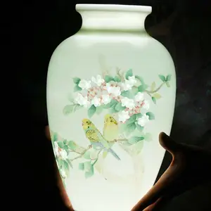 工艺大师高峰手绘陶瓷花瓶 薄胎雕刻半刀泥插花器 商务馈赠礼品花瓶