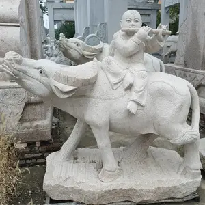 景观人物石雕订做 石刻马拉车雕塑 石头孩童牧牛雕像图