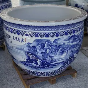 建源陶瓷青花瓷手工绘画陶瓷大缸陶瓷1.2米 1.5米陶瓷大缸 门海酒店装饰摆件 庭院养鱼 院子里摆放 开业庆典