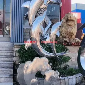 不锈钢海豚喷泉雕塑小品 鲸类水生雕塑