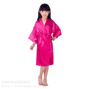跨境天宝工 改良女童丝绸长款睡袍 素色夏季薄款仿真丝开衫睡袍