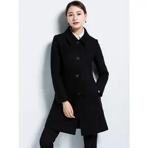 衣牛网羊毛工作服大衣女冬职业毛呢外套加厚中长款加棉售楼黑色呢子工装