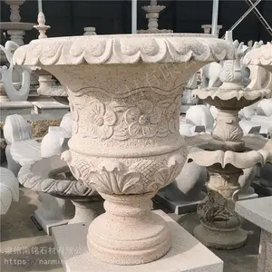 厂家加工石雕花盆 欧式天然黄锈石花盆 城市公园石花盆