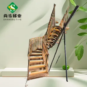 尚步梯业定制生产钢结构钢木楼梯实木柚木踏板扶手护栏