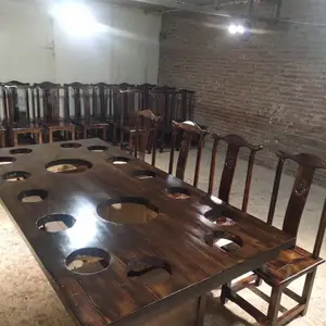 天津火锅桌子一体商用 家用实木火锅餐桌