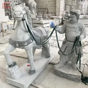 花岗岩芝麻白马奴雕塑 公园广场景观石雕马青石战马马夫石材雕刻摆件