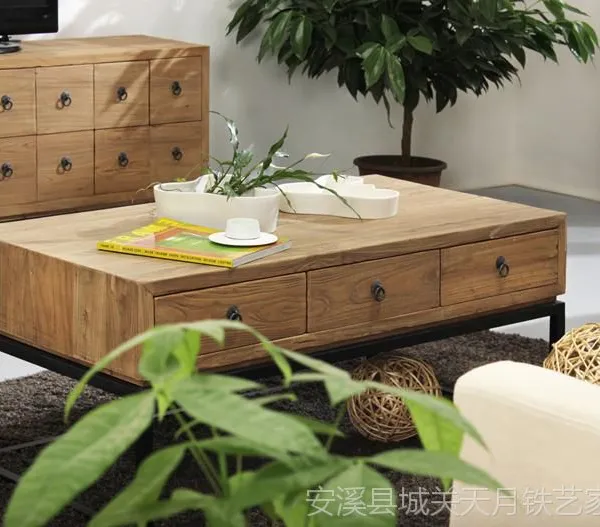美式铁艺实木茶几带抽屉 现代简约实木小茶几 创意家具矮桌咖啡桌