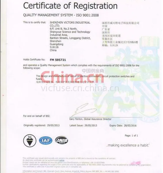 BSI ISO9001质量管理体系证书