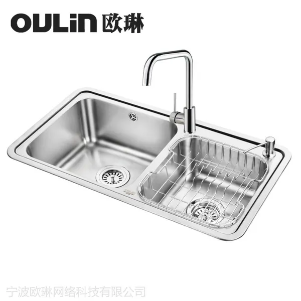 供应304不锈钢水槽 欧琳加厚水槽双槽OL2206含龙头沥水篮厂家热卖包邮