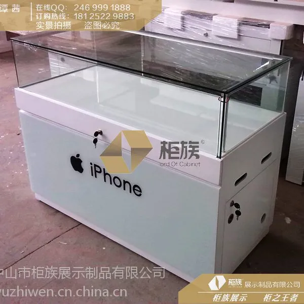 供应靠墙苹果手机柜制作,苹果木质展示柜台价格