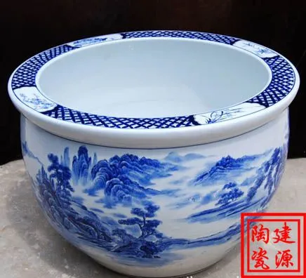 景德镇陶瓷鱼缸 口径50cm青花养金鱼缸睡碗莲盆荷花缸乌龟缸盆客厅摆件
