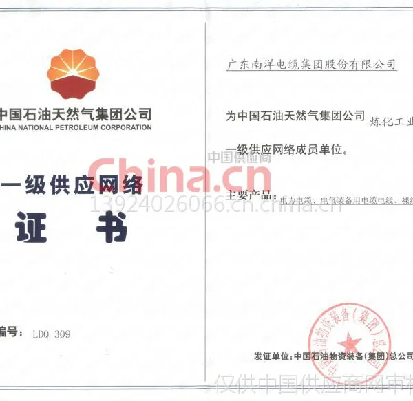 中国石油天然气集团公司一级供应网络证书