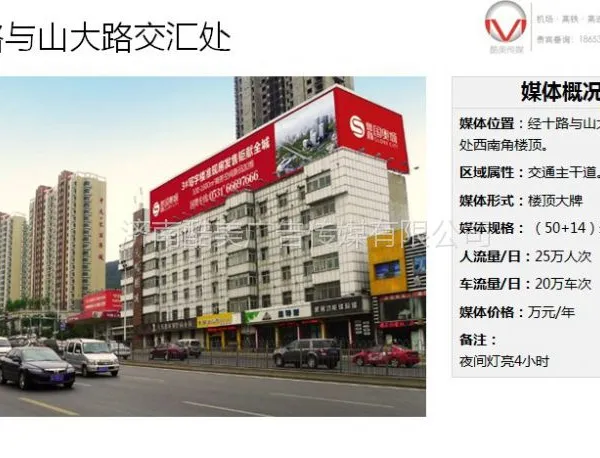 济南经十路山大路十字路口楼顶户外广告大牌