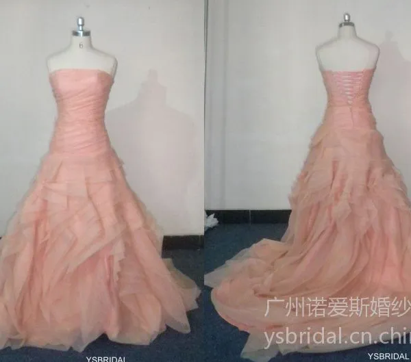 供应批发婚纱 外贸原单婚纱 VERA WANG裸粉色欧根纱花朵婚纱