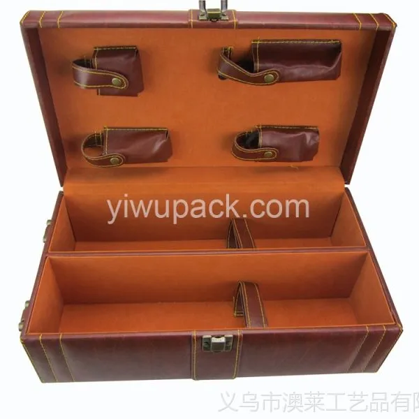 供应【现货】红酒皮盒 双支装 棕色葡萄酒包装盒促销 欢迎加工定做