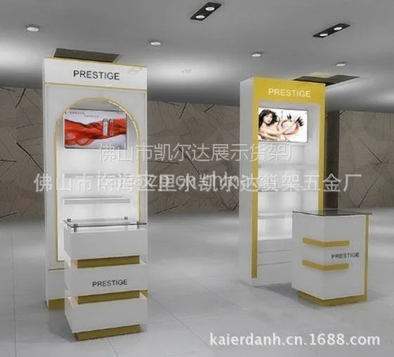 供应品牌女装店木烤白色漆中岛架 女性化妆品流水台 不锈钢高架