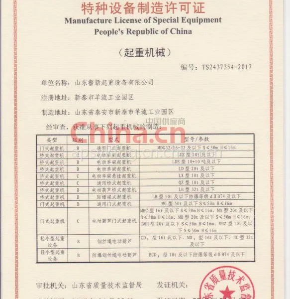 特种设备制造许可证（省级）