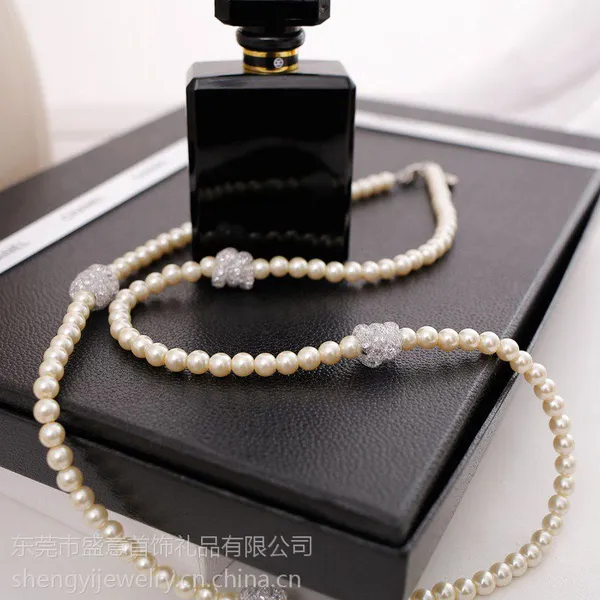 东莞盛意饰品厂环保黄铜烤漆珍珠长款项链秋冬毛衣链高领毛衣配饰