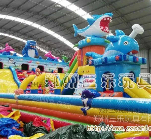 式大鲨鱼海底世界充气大滑梯蹦床厂