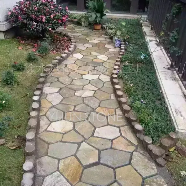 依君天然石材 板岩黄木纹不规则网贴 铺地石 景观铺路石 外墙石材
