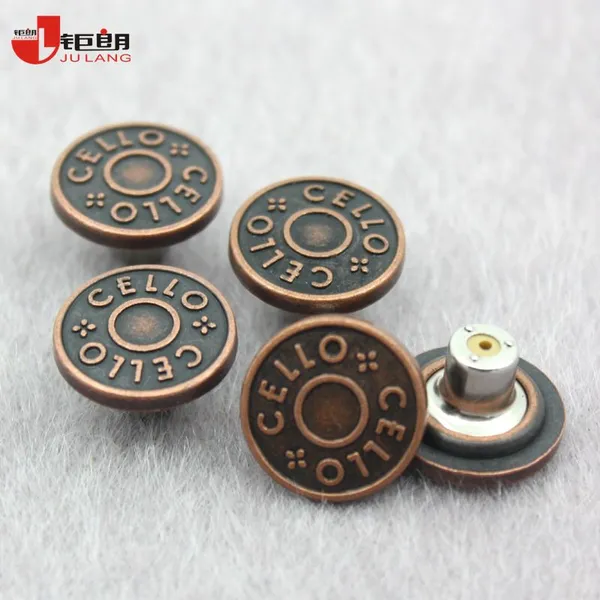 广东钜朗服装辅料金属纽扣定制 圆形凸花17mm红古色金属纽扣 服装服饰牛仔裤纽扣工字扣加工定制