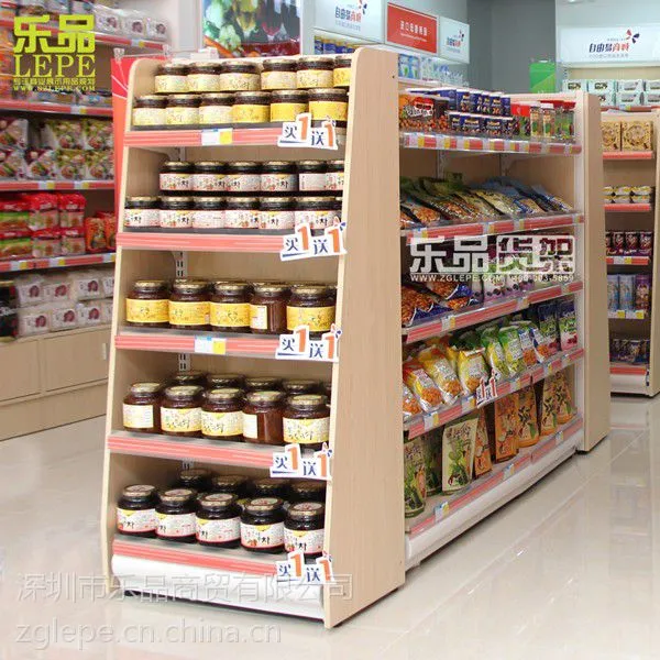 供应深圳乐品双面木纹背板超市便利店货架木质展柜厂家直销