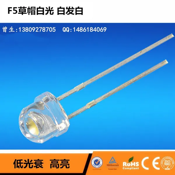 直插式LED灯珠 发光角度120°插件led灯珠 0.06W f5草帽白光