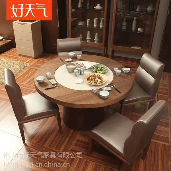 供应好天气家具 时尚贴木皮旋转餐桌钢化玻璃饭桌T3002