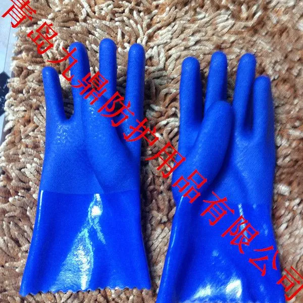 厂家直销PVC浸塑劳保手套蓝磨砂耐油耐酸碱防水防化防护耐磨用品