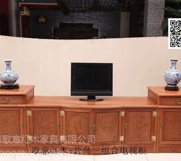 花鸟三组合电视柜-中式红木电视柜图片-缅甸花梨木红木电视柜-2.5米客厅电视柜批发