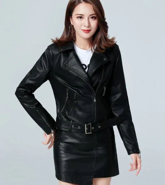 厂家直销欧美新品女装pu皮夹克短款修身女士皮衣外套翻领机车服潮
