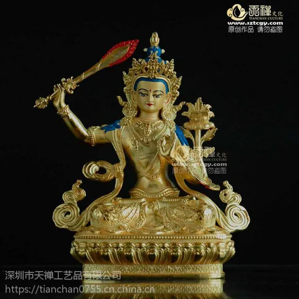 深圳天禅文殊菩萨镀金铜佛像 5寸 藏传佛教寺院佛堂供养铜鎏金佛像批发 黄铜精密铸造