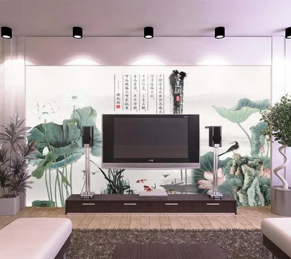 客户简约水墨画背景墙 水墨山水背景画定制 电视沙发客厅背景墙
