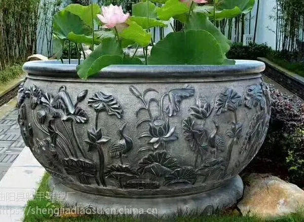 石雕鱼缸花盆仿古青石庭院装饰石头鱼缸花岗岩圆缸摆件户外定做石雕鱼缸庭院石缸青石花盆石盆天然仿古石头水